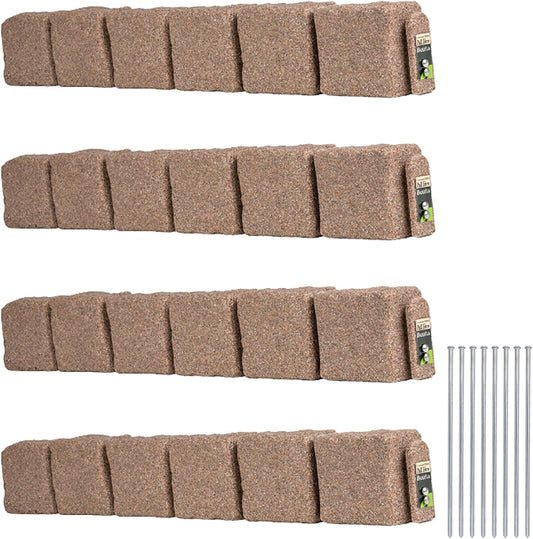 Beuta Landscape Edging | Garden Edging Border | Faux Stone Blocks for Lawn Edging, Flower Beds & Yard Edging – 4 Pack | Each Section Has 6 Blocks 48" L x 4" W x 6.5" H | 8 Spikes | Cobblestone