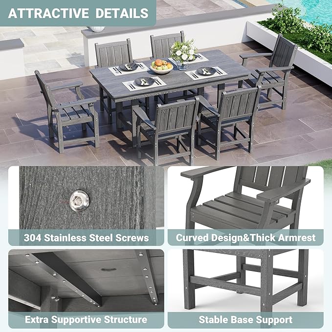 Pamapic 7 PCS Outdoor Dining Set, Spacious HDPE Outdoor Table and Chairs, Wood Grain Patio Furniture Sets with Elegant Armrest, All-Weather Patio Dining Table with Umbrella Hole, Gray
