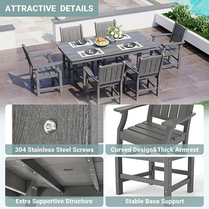 Pamapic 7 PCS Outdoor Dining Set, Spacious HDPE Outdoor Table and Chairs, Wood Grain Patio Furniture Sets with Elegant Armrest, All-Weather Patio Dining Table with Umbrella Hole, Gray