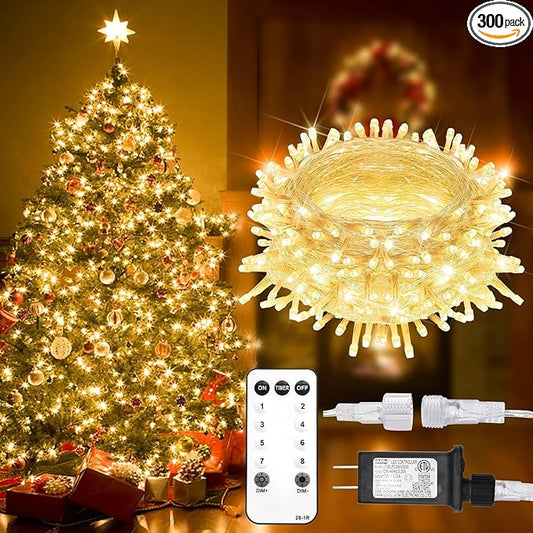 suddus 300 Led Connectable Christmas Lights Outdoor Waterproof, 99ft Christmas Tree Light Plug in with Remote, Warm White String Lights Indoor for Xmas Holiday Yard Party Porch Patio Garden Decor