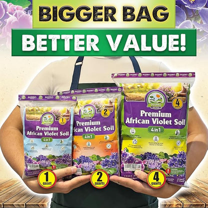 DUSPRO Recycle Premium 4-in-1 African Violet Potting Soil African Violet Soil Blend with Perlite, Coco Peat, Pumice, Pine Bark for Optimal Moisture Retention & Drainage 2QT