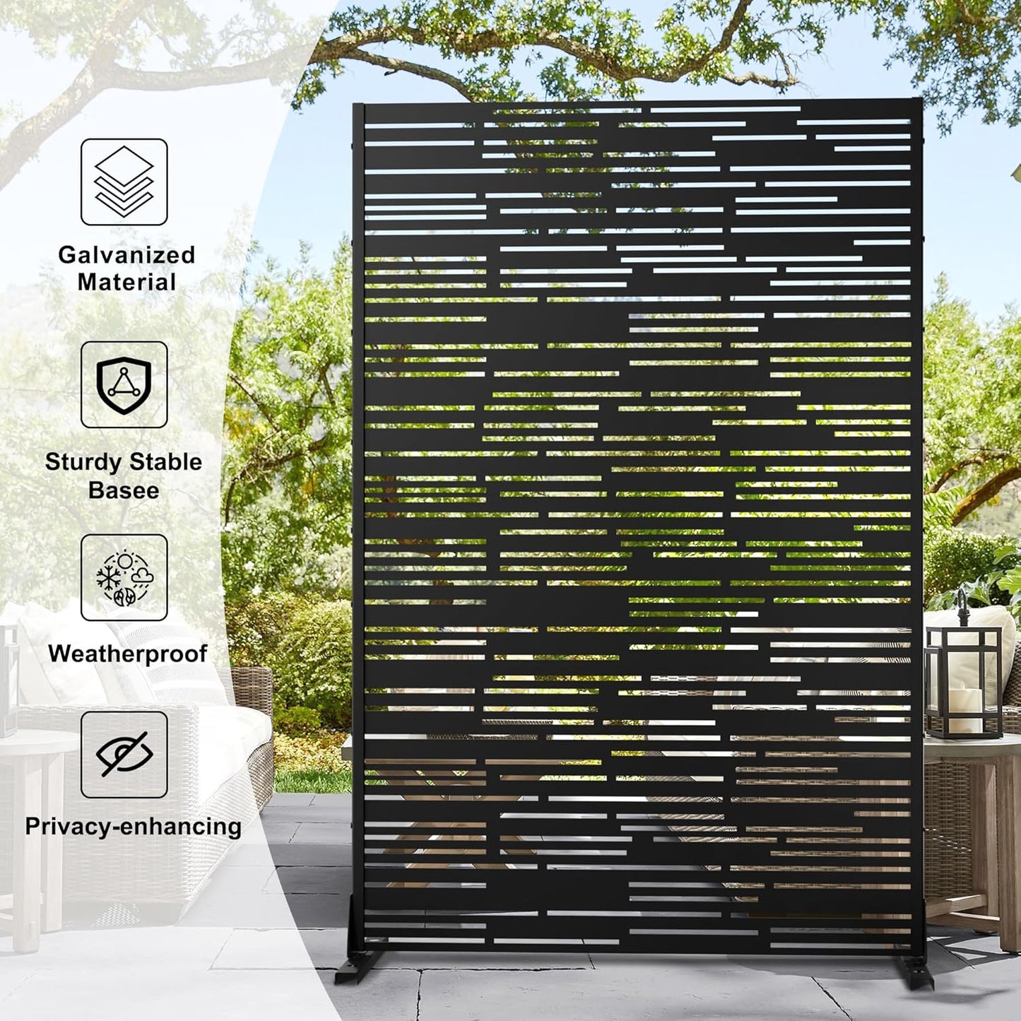 Metal Privacy Screen Outdoor 72" H×47" W,Freestanding Decorative Privacy Screen for Balcony Yard&Garden,Privacy Fence-Black&Shine