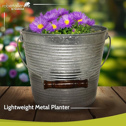 Headwind Vintage Collection Ribbed Planters – Galvanized Flower Pots 10 Inch Indoor Plant Pots Bucket for Peace Lily, Pothos, & Lavender, Petunias, Basil Plant for Outdoor by Robert Allen