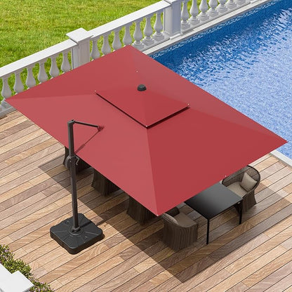 9x12 FT Patio Umbrella with base, Large Cantilever Rectangular Double Top Heavy Duty Offset Umbrellas with 360° Rotation, Outdoor shade for Garden Deck Pool, Red