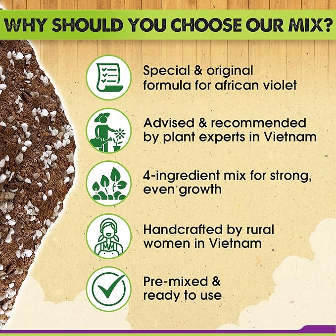 DUSPRO Recycle Premium 4-in-1 African Violet Potting Soil African Violet Soil Blend with Perlite, Coco Peat, Pumice, Pine Bark for Optimal Moisture Retention & Drainage 1QT