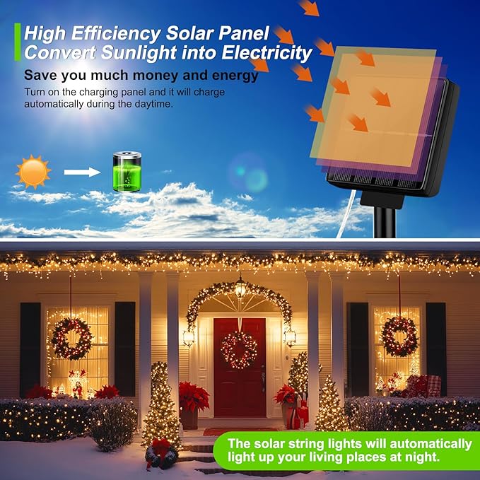 Brightever Outdoor Solar String Lights Waterproof, 6-Pack Total 240FT 600 LED Solar Powered Fairy Light with 8 Lighting Modes, Solar Twinkle Lights for Patio, Garden, Party, Wedding (Warm White)