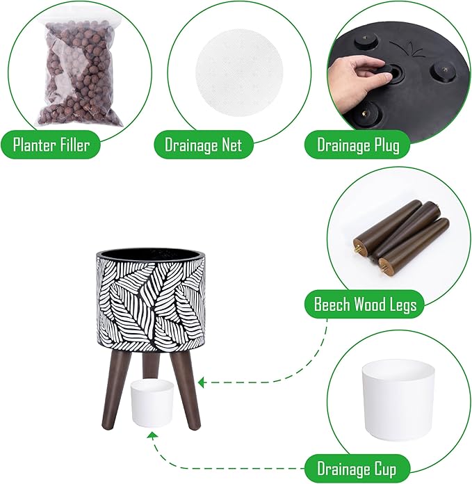 D'vine Dev 8 Inch Planter Pot with Stand, Mid-Century Tall Plant Pot with Legs for Indoor Plants, Small, White/Grey, 88-L-A-7