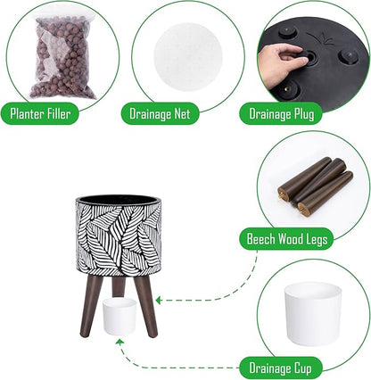 D'vine Dev 8 Inch Planter Pot with Stand, Mid-Century Tall Plant Pot with Legs for Indoor Plants, Small, White/Grey, 88-L-A-7