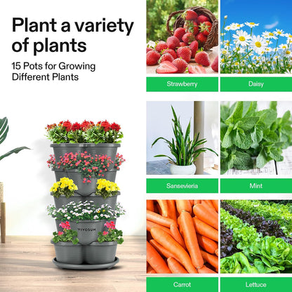 VIVOSUN 2-Pack 5 Tier Vertical Gardening Stackable Planter for Strawberries, Flowers, Herbs, Vegetables, Grey