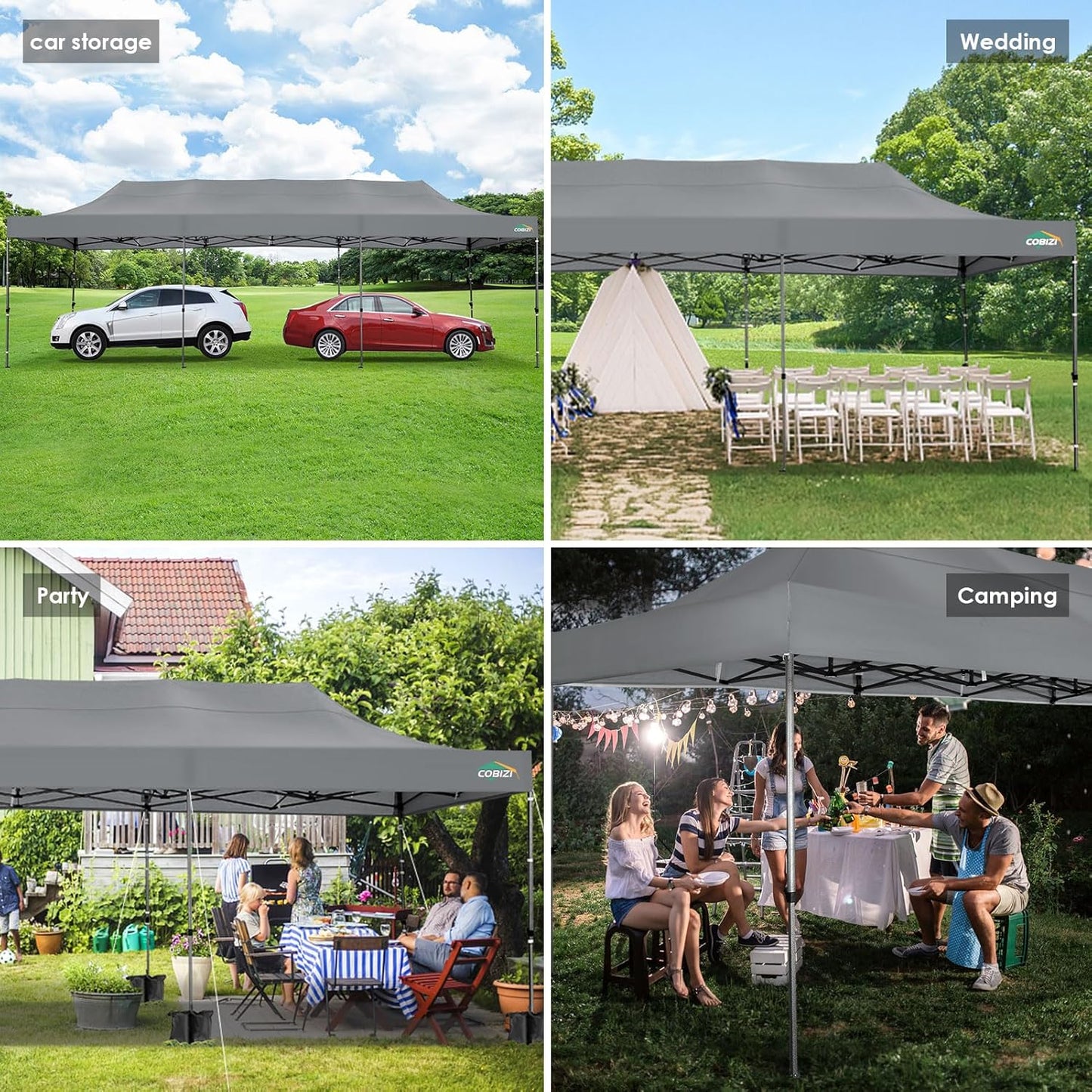 COBIZI 10x30 Pop up Canopy, Heavy Duty Outdoor Party Tents for Parties, Ez up UPF 50+ Waterproof Commercial Canopy with Wheeled Bag can fold, Gray(Windproof Upgraded)