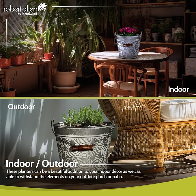 Headwind Vintage Collection - Floral Galvanized Planter with Handles – 12 Inch Flower Pots Decorative Plant Indoor – Plant Pots Indoor with Drainage by Robert Allen