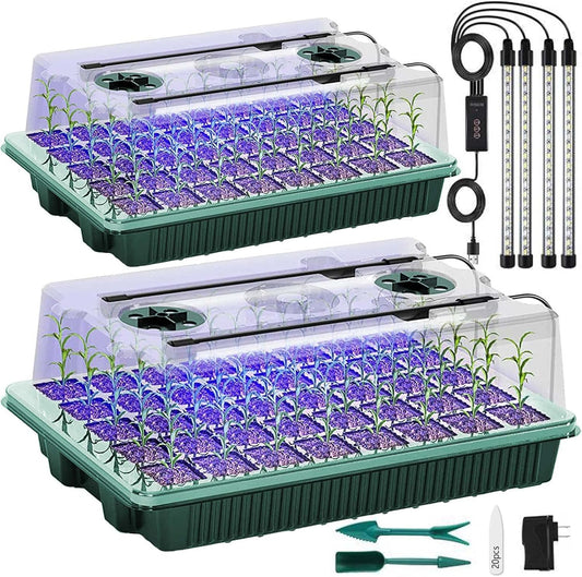 Seed Starter Tray with Grow Light, 2 Packs 80 Cells Seed Starting Kit Seedling Starter Trays with Grow Lights, Plant Germination Trays with Humidity Dome Plant Starter Kit