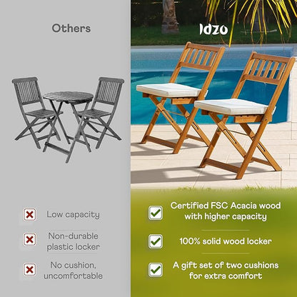 IDZO Serene Bistro Set – 2-Piece Foldable Acacia Wood Chairs with Cushions, FSC-Certified Durable Construction, Space-Saving Outdoor Seating for Balcony, Garden, Patio, or Porch
