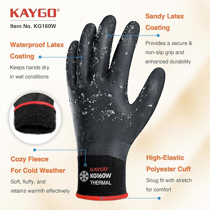 KAYGO Winter Waterproof Work Gloves for Men and Women, 3 Pairs Thermal Insulated Freezer Rubber Coated Gloves,Super Grip,KG160, L, Black