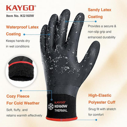 KAYGO Winter Waterproof Work Gloves for Men and Women, Thermal Insulated Freezer Rubber Coated Gloves,Super Grip,KG160,M