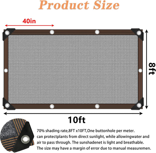 70% Shade Cloth - for Garden Plants Greenhouse, 8'x10' Sunblock Shade Cover -for Outdoor Garden Pergola Patio Lawn Sun Shade Cloths for Kennel Chicken Coop Easier to Hang Plant Shade Neting