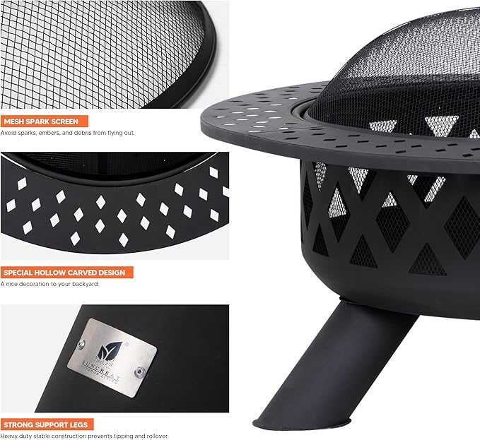SUNCREAT 42" Large Outside Fire Pit, Round Fire Pit Wood Burning with Widened Tabletop, Spark Screen, Fire Poker, Phombus Pattern