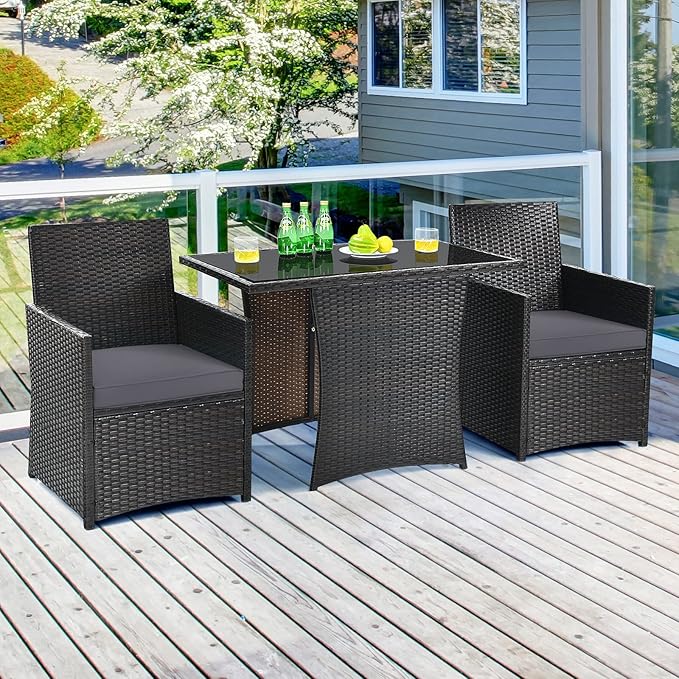 Tangkula 3 Pieces Patio Dining Set, Space-Saving PE Rattan Bistro Set with Tempered Glass Top Table and Cushioned Chairs, Outdoor Conversation Set for Garden Backyard Poolside Porch (Gray)