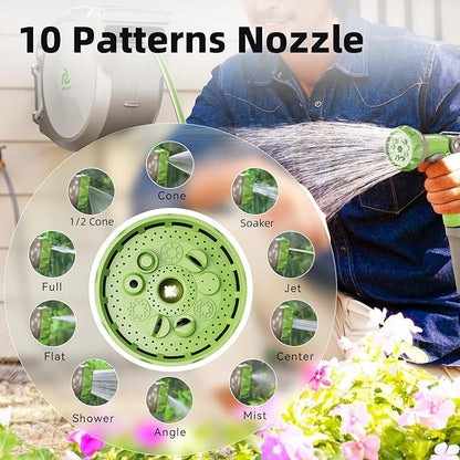 PINWHEEL 5/8in 75FT Retractable Garden Hose Reel, Automatic Retractable Hose with 10-Pattern Spray Nozzle, 180° Swivel Bracket, 3-Layer PVC Durable Water Hose for Yard Lawn Care
