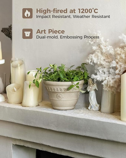 Bamworld 7 Inch Plant Pots for Indoor Outdoor Plants Embossed Flower Pots with Drainage Unglazed Porous Ceramic Planter Pot for Plants Clay Pot for Succulent Room & Office Decor