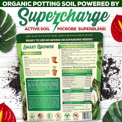 Organic Potting Soil for Indoor Plants. Boost House Plant Growth for Monstera, Fiddle Leaf, Money Tree, Pothos, Snake Plant, Aroid, Flowers, Herbs, Veggies, & More, Smart Grower 3 LB Ready to Plant