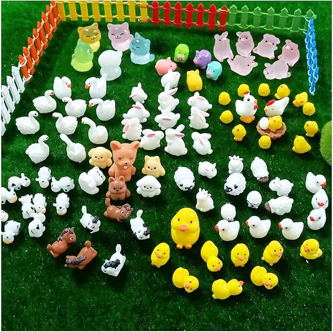 100 Pcs Mini Resin Animals Figures, Farm Tiny Plastic Animals Figurines to Hide Miniature Fairy Garden Decorations Accessories