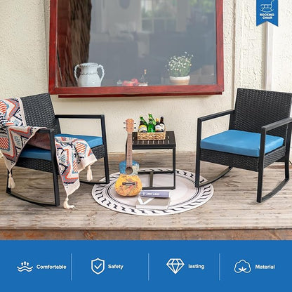 WWR 3 Pieces Outdoor Patio Furniture Set Rocking Wicker Rattan Chair Set Patio Bistro Conversation Set 3 Pcs with Coffee Table for Yard & Bistro (Blue)