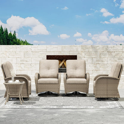 Joyside Outdoor Swivel Rocker Chairs, 6 Piece Wicker Patio Set with Thick Cushion and Side Table, Rattan Patio Swivel Rocking Chairs for Porch, Deck Use (Natural/Beige, 6 PCS)