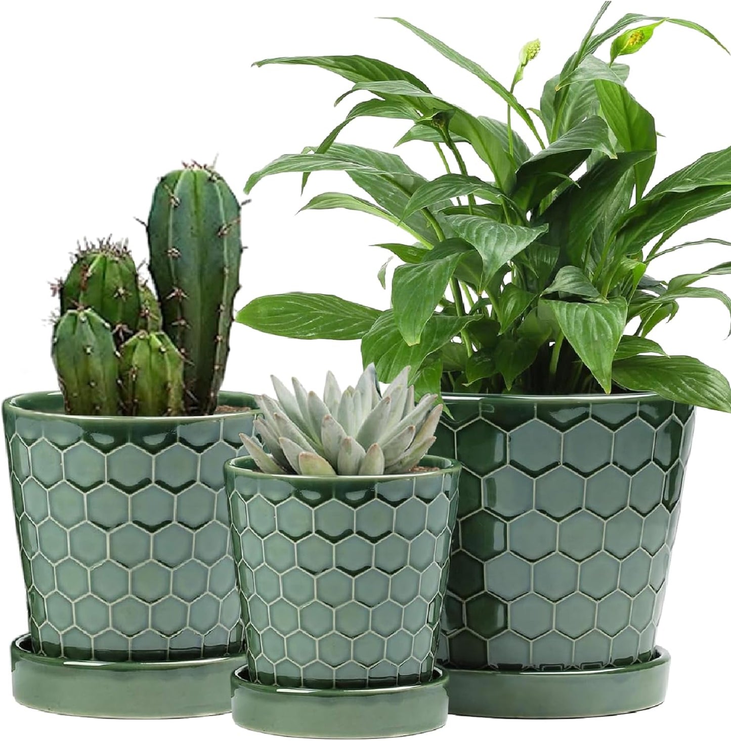 Ceramic Plant Pots,4+5+6 Inch Pots for Indoor Plants,Planters with Drainage Holes and Ceramic Tray, Indoor Flower Pots Gardening Home Desktop Office Windowsill Decoration Gift,Set of 3 (Patina)