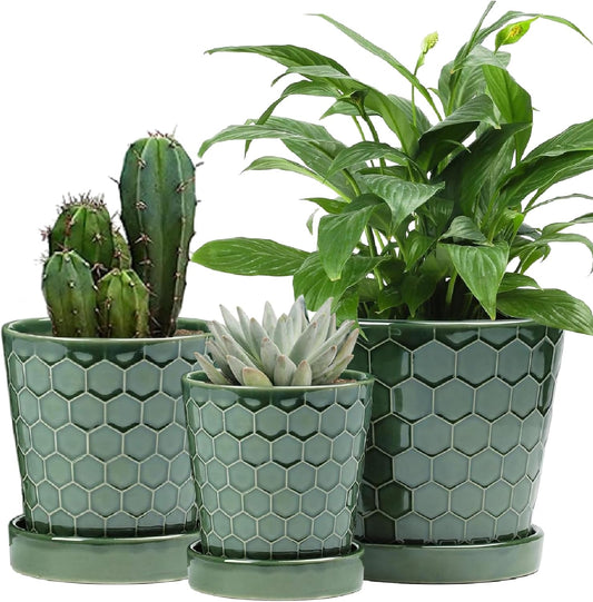 Ceramic Plant Pots,4+5+6 Inch Pots for Indoor Plants,Planters with Drainage Holes and Ceramic Tray, Indoor Flower Pots Gardening Home Desktop Office Windowsill Decoration Gift,Set of 3 (Patina)