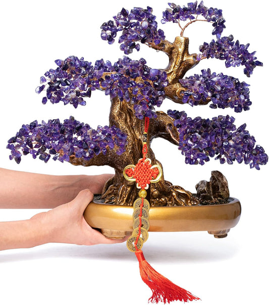 Natural Amethyst Gemstone Crystal Bonsai Tree of Life Large Feng Shui Money Chakra Tree for Luck and Wealth Desk Decoration(1,251 Gem Count)