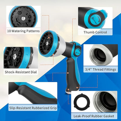 AUTOMAN Garden Hose Nozzle - 10 Adjustable Spray Patterns, Thumb Flow Control Hose Sprayer, Water Hose Spray Nozzle for Plants Watering, Car Washing, Window Cleaning, Pets Bathing, Outdoor Fun, Blue