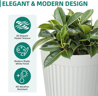 20" Resin Tall Planters for Outdoor Plants,Set of 2 Matt White Large Flower Pots with Handmade Fluted Texture,Heavy-Duty and Weather-Resistant for Year Round Indoor Outdoor use