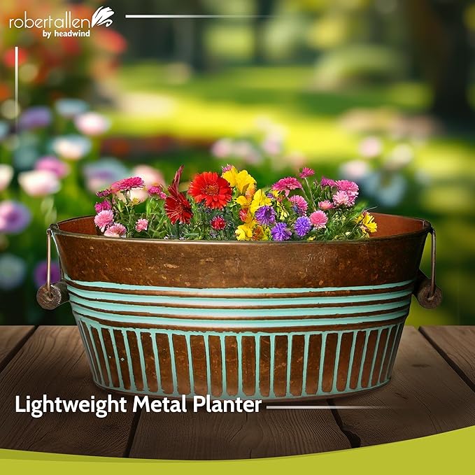 Headwind Vintage Collection 14-Inch Vintage Copper Oval Galvanized Tub with Handles – Metal Wash Basin Planter - Galvanized Metal Tub for Indoor & Outdoor Use by Robert Allen