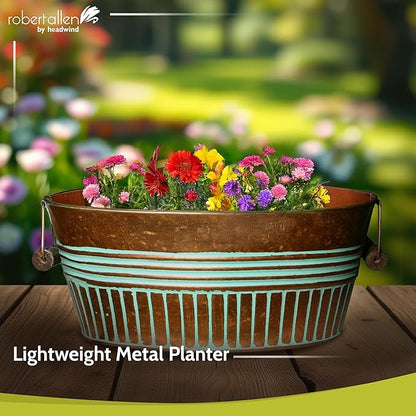 Headwind Vintage Collection 14-Inch Vintage Copper Oval Galvanized Tub with Handles – Metal Wash Basin Planter - Galvanized Metal Tub for Indoor & Outdoor Use by Robert Allen