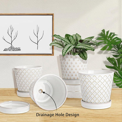 EFISPSS Ceramic Plant Pots Indoor, 5 Inch Planters with Drainage Holes and Ceramic Tray, Relief Design Flower Planter, Desktop Office Windowsill Decoration Gift Set of 4, White