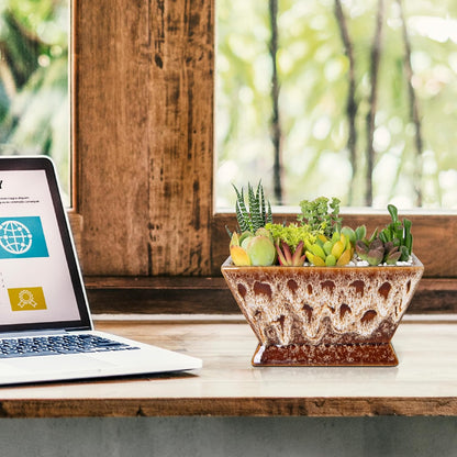 ARTKETTY Succulent Pots - 7 Inch Large Plant Pot with Drainage, Shallow Bonsai Pots Ceramic Succulent Planters for Indoor Outdoor Plants, Modern Cactus Pot Decorative Home Office