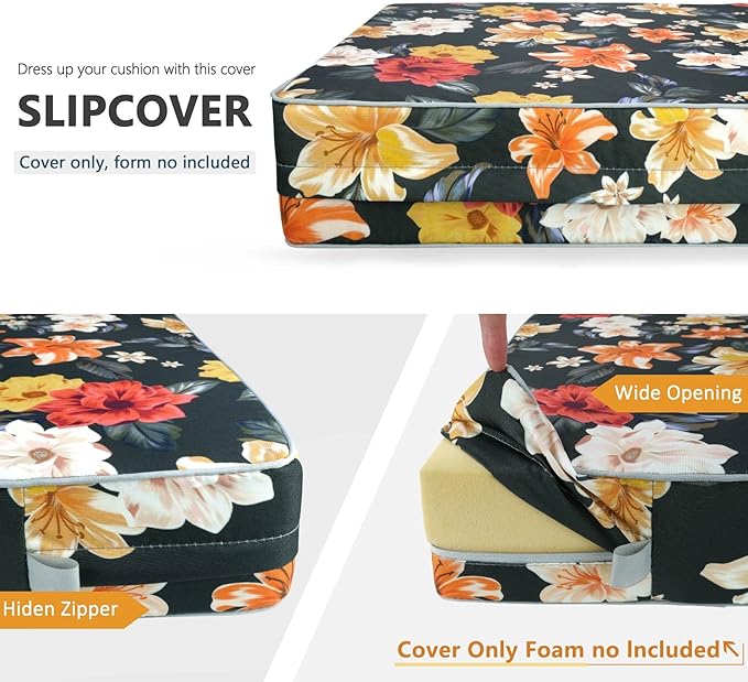 Porch Shield Outdoor Patio Chair Seat Cushion Covers Set 4 Waterproof Fade Resistant Cushion Slipcovers 24 x 24 x 4 inch, Floral Black