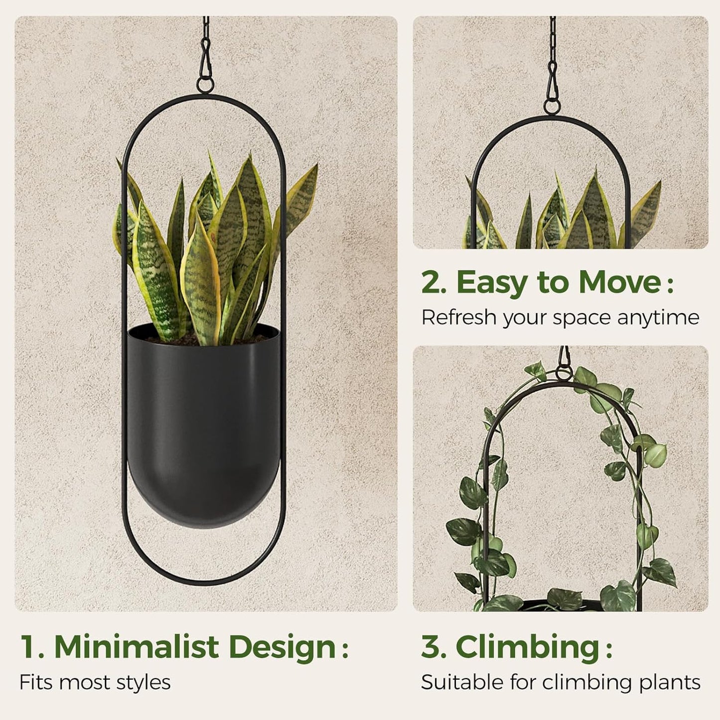 Bamworld Hanging Planters for Indoor Outdoor Plants Metal Hanging Pots for Plants 5.5 Inch Hanging Baskets Window Plant Hanger Ceiling Hanging Flower Pots with Chain for Wall Decor Garden(Black)