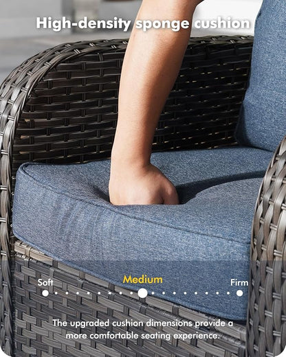 3-Piece Swivel Rocking Rattan Chair Outdoor, Patio Bistro Furniture Conversation Set, Wicker Chair with Coffee Table Blue