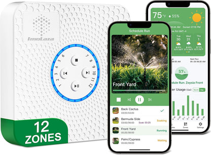 ImoLaza Smart Sprinkler Controller Evapotranspiration Master: 12 Zones WiFi Irrigation Controller with Automated Watering and App Control, Save Water Through Rain, Freeze, Wind and Saturation Skip