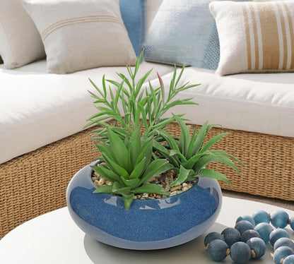 Hollyone Large Artificial Succulents Plants with Blue Vase Faux Succulents Fake Succulent Potted Plant in Ceramic Pot for Home Decor Office Desk Bathroom Living Room Indoor & Outdoor Decorations