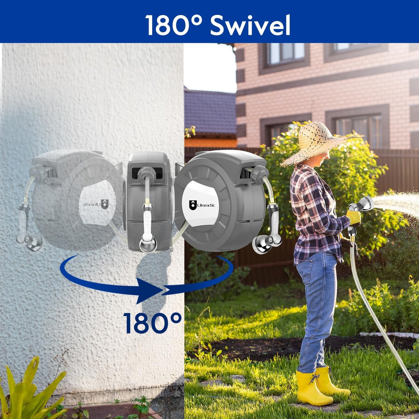 Retractable Garden Hose Reel, 5/8 in x 75 ft Wall Mounted Hose Reel,10-Pattern Spray Nozzle, Any Length Lock/Slow Return System/Wall Mounted/180°Swivel Bracket