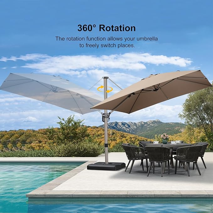PURPLE LEAF 10FT Patio Umbrella with Base Cantilever Umbrella Square Outdoor Offset Umbrella with Champagne Frame and 360° Rotation for Garden Deck Pool, Taupe