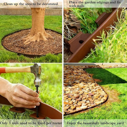 49FT Landscape Edging, 4 in Tall Garden Edging Borders with 75 Spikes,Flexible Lawn Edging Plastic Borders for Garden, Flower Beds, Pavement-Brown