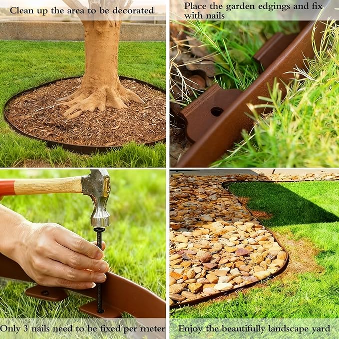 33FT Landscape Edging, 4 in Tall Garden Edging Borders,Flexible Lawn Edging with 30 Spikes,Plastic Edging Border for Garden, Flower Beds, Pavement-Brown