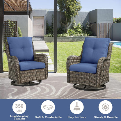 Wicker Patio Furniture Sets - 8 Piece Rattan Outdoor Furniture Conversation Sets with 4 Swivel Rocker Chairs, Rattan Sofa, Wicker Ottomans and Coffee Table, Mixed Grey/Blue