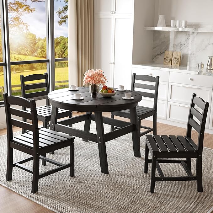 Pamapic 5 PCS Round Outdoor Dining Set, Wood Grain HDPE Outdoor Table and Chairs with 105° Ergonomic Backrest, Durable Patio Dining Table with Umbrella Hole, Black