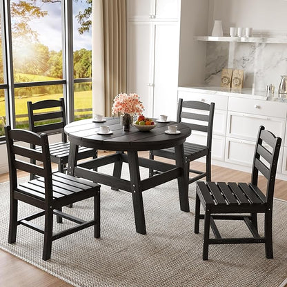Pamapic 5 PCS Round Outdoor Dining Set, Wood Grain HDPE Outdoor Table and Chairs with 105° Ergonomic Backrest, Durable Patio Dining Table with Umbrella Hole, Black