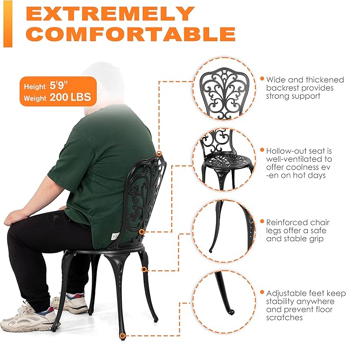 NUU GARDEN Bistro Set 3 Piece Outdoor All Weather Cast Aluminum Patio Bistro Set Patio Table and Chairs Set of 2 with Umbrella Hole and Gray Cushions for Backyard, Balcony, Lawn, Black